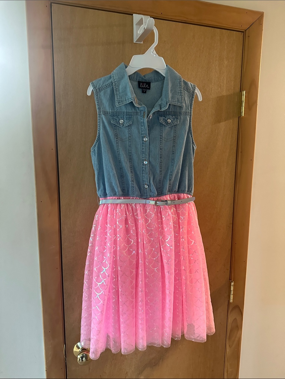 lilt Denim Bodice Pink Tulle Belted Dress